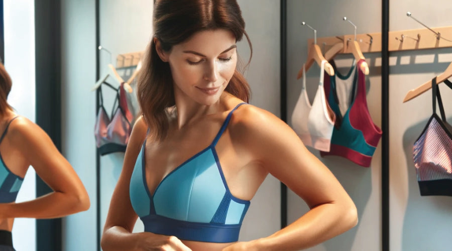 Lady trying on a number of sports bras in a changing room