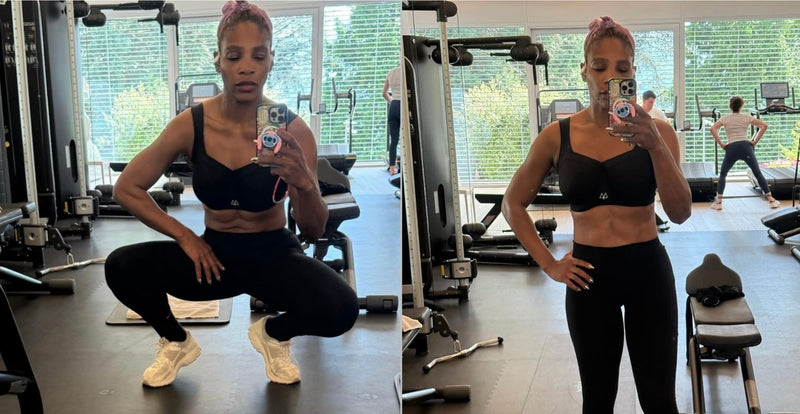 Serena Williams wearing black maaree solidarity sports bra selfie